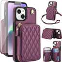 Phone Case for iPhone 13 6.1 inch Wallet Cell Cover with Tempered Glass Screen Protector Wrist Crossbody Strap RFID Blocking Card Holder iPhone13 5G i i-Phone i13 iPhone13case Women Girls Dark Purple