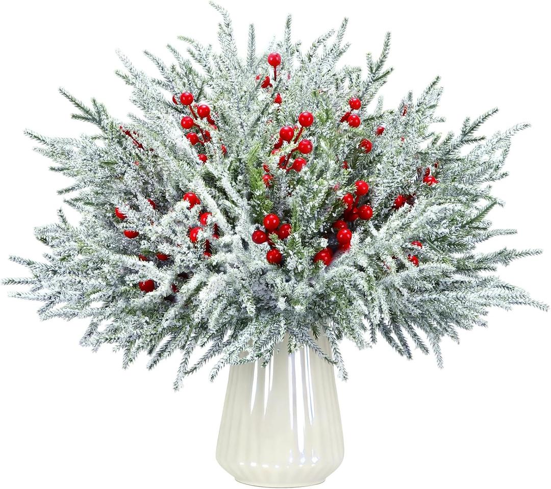 40 PCS Christmas Artificial Snow Pine Branches with Berry Stems,14" Faux Norfolk Pine Branches Faux Greenery Picks for Christmas Vase Filler Garland Home Decorations