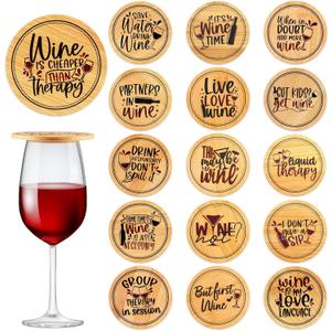 Tessco for you 16 Pcs Wine Glass Covers Funny Wood Charcuterie Drinking Glass Covers to Keep Bugs out Bamboo Water Toppers Keeps Debris out for Outdoor Party Wine Housewarming Gifts (Cute)