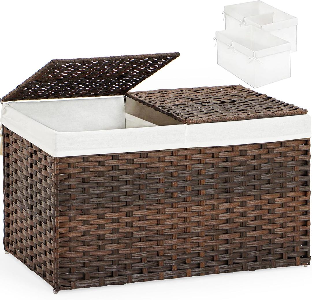SETVSON Storage Basket with Lid Rattan Woven Storage Baskets with 2 Separate Lids, 17.2 Gallon (65 L), 22 x 13 x 13.8 Inches,Foldable, 2 Removable Liner Bags Handles for Bedroom, Laundry Room Brown
