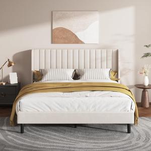 Full Bed Frame with Vertical Channel Tufted Headboard & Wingback