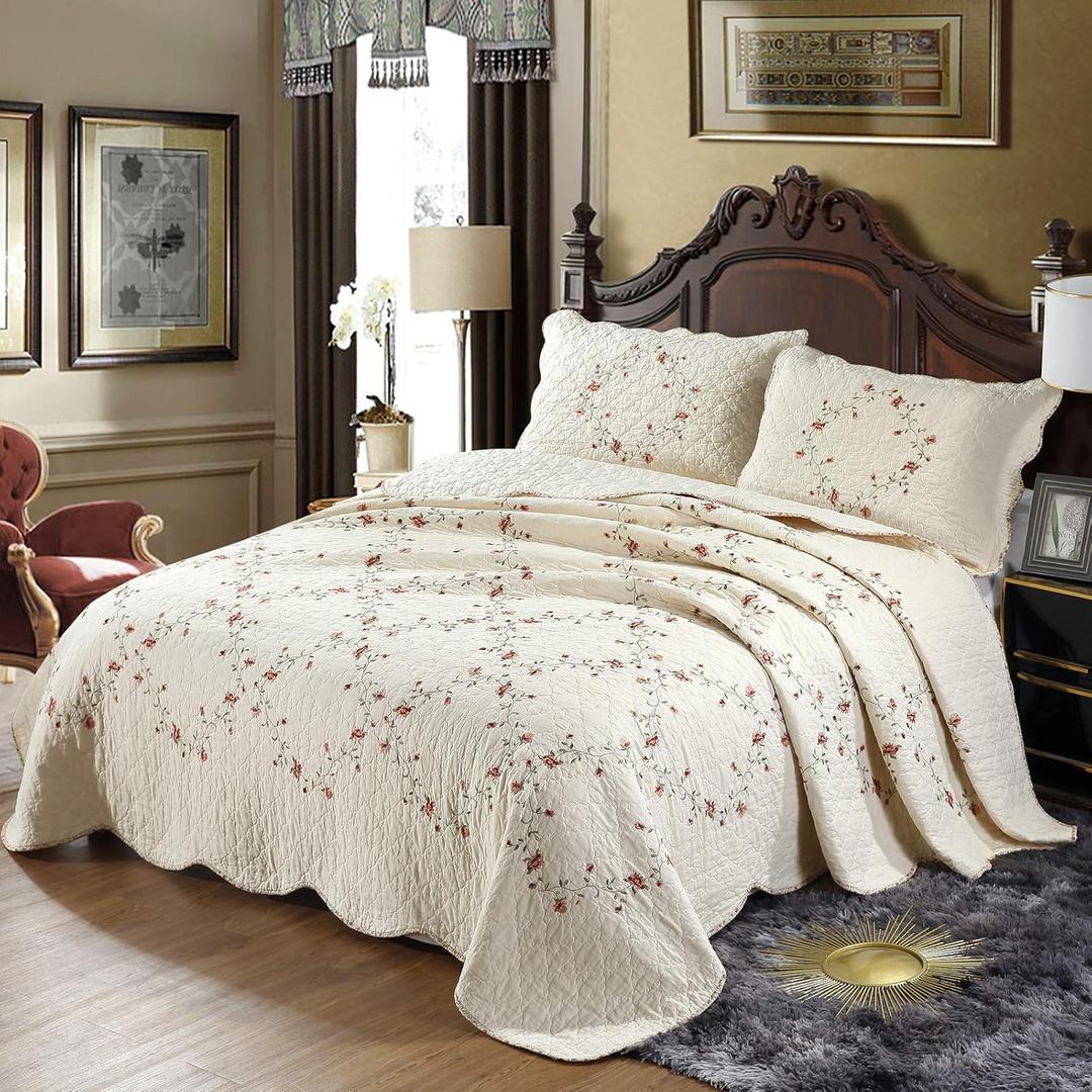 3 Piece Cotton Quilt Bedspreads Oversize Queen Elegant Floral Embroidered Soft Lightweight Cotton Coverlet,1 Quilt and 2 Shams (Beige)