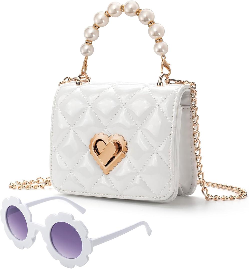 Baby Purse for Toddlers, Kids Heart Lock Purses with Glasses, Girls Purses for Kids 1-10, Toddler Bag Gift (White)