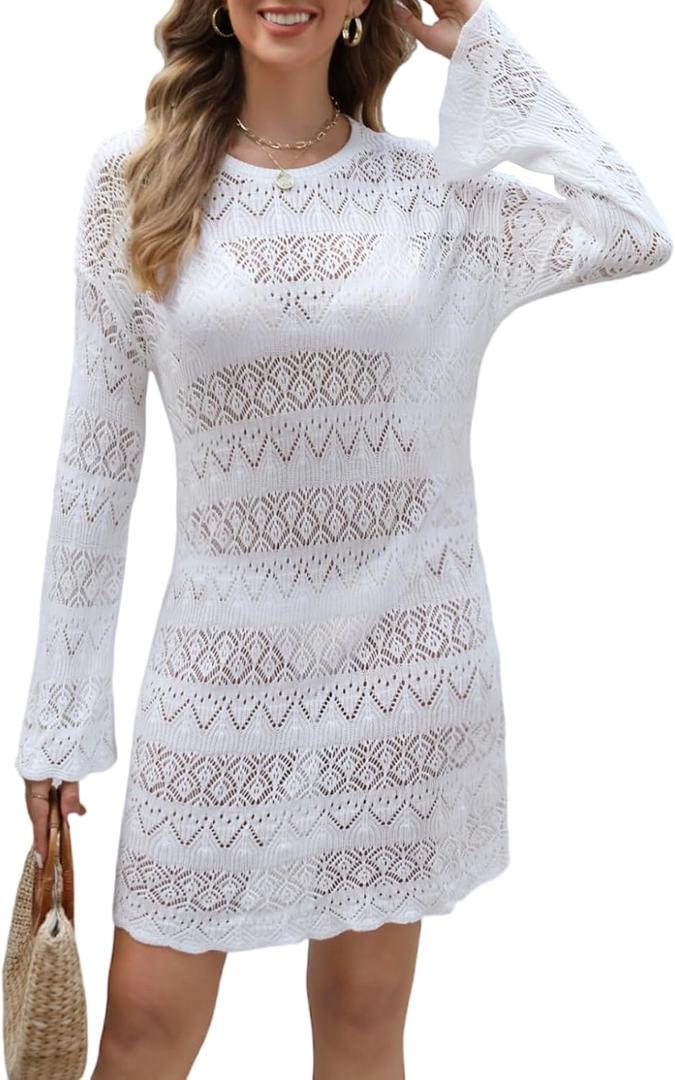 CiCiBird Women Swimsuit Crochet Cover Up Swim Bathing Suit Swimwear Summer Bikini Beach Dress (White, M)