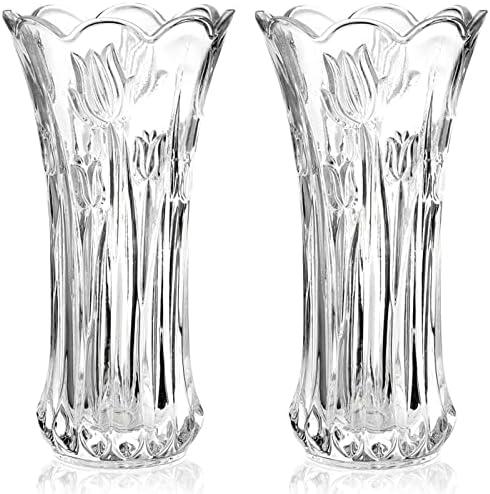 Dicunoy Set of 2 Glass Flower Vase, 9.5" Large Flower Vases for Centerpieces, Modern Clear Heavy Duty Crystal Tall Cylinder Flared Vase for Rose Bouquet, Home, Wedding, Living Room, Office