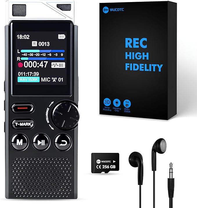 Professional 264GB WUCOTC Digital Voice Recorder  Voice Activated Recorder for Lectures Meetings  18000 Hours Recording Device with Playback, MP3 Player, Password Protection, Variable Speed, Black