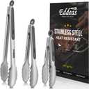 EDDEAS Tongs For Cooking - Heat Resistant 600 Degrees Stainless Steel Kitchen Tong,Heavy Duty Metal Locking Tongs - Perfect for Food, BBQ set of 3 (7",9" and 12") Grey
