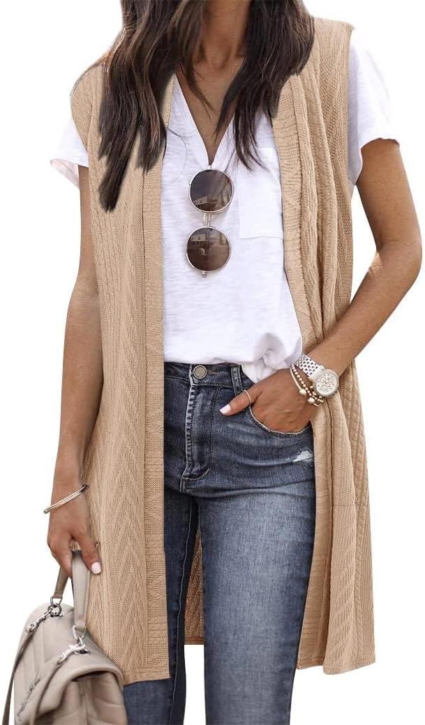 ZXZY Long Vest for Women Sleeveless Knit Cardigan Open Front Draped Sweater Duster Casual Lightweight Outwear Vests (Large, Khaki)