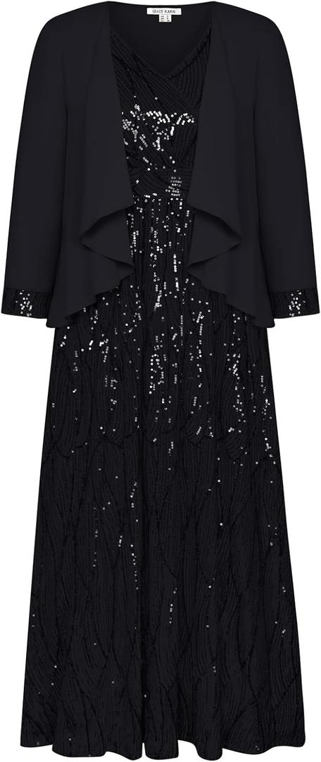 GRACE KARIN 2024 Women's Two Piece Sequin Dress with Jacket Mother of The Bride Dresses Homecoming Wedding Guest Dresses (16, Black)
