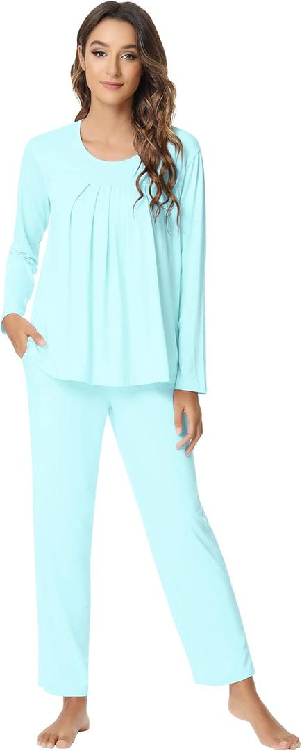 NACHILA Pajamas for Women-Viscose Made from Bamboo,Long Sleeve Pajama Sets Comfy Loungewear Pleated Pjs (Small, A-aqua Green)