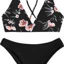 SweatyRocks Women's Sexy Bathing Suit Floral Print Cross Back Bikini Set Swimsuits (Black, M)