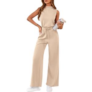 PRETTYGARDEN One Piece Jumpsuits for Women Dressy Summer Travel Outifts Casual Sleeveless Mock Neck Wide Leg Rompers(Beige,XX-Large) (XXL)