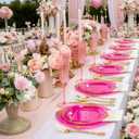 125PCS Hot Pink Plastic Plates - Clear Pink Gold Disposable Plates - Hot Pink Party Plate with Gold Plastic Silverware Set for 25 Guests for Wedding Birthday Party Baby Shower Mothers Day