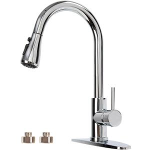 Kitchen Faucet with Pull Down Sprayer, High Arc Single Handle 1 Hole 3 Hole Kitchen Sink Faucet with Deck, SUS 304 Stainless Steel, Polished Chrome