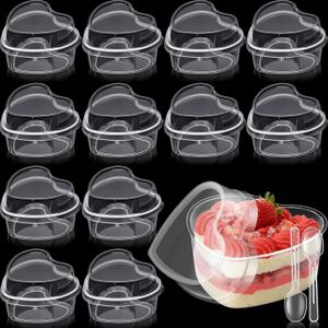 12 Pack Heart Shaped Dessert Cups with Lids and Spoons 4 oz Mini Plastic Dessert Container Appetizer Parfait Cups Clear Shooter Container for Valentine Wedding Serving Party