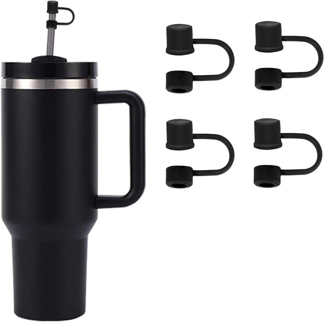 4 PCS Silicone Straw Covers Cap Compatible with Stanley Cup 30-40 oz Tumbler with Handle 10mm Straw ToppersDust-Proof Reusable Straw Cover for Stanley Cup Accessories (Black)