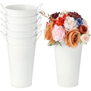 6 Pcs White Flower Buckets, Galvanized Metal Vases,9.8 Inches Flower Vase with Handles, French Flower BucketRustic Farmhouse Vases for Home Decor Wedding Table Centerpiece