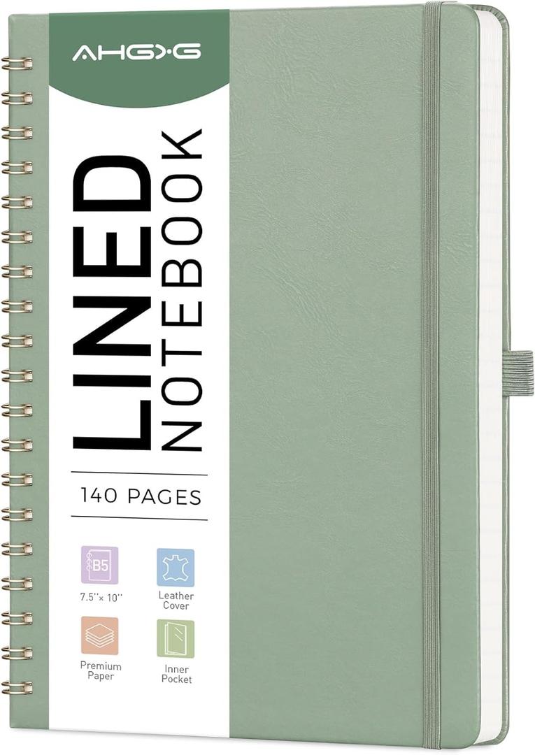 AHGXG Lined Spiral Journal Notebook, B5 Large Notebooks for Women Men, 140 Pages Hardcover Leather Notebook College Ruled, 100 GSM Paper, Notebooks for Work School Note Taking, 7.6" x 10", Sage Green