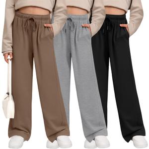 3 Pack Girls' Sweatpants Wide Leg Drawstring Casual Kids Joggers Open Bottom Loose Solid Teen Pants with Pockets (XX-Large, Camel, Light Gray, Black)