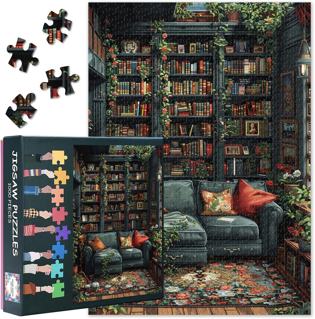 Jigsaw Puzzles for Adults 1000 Pieces - Vintage Library with Bookshelves, Plants & Cozy Fireplace, Premium Quality Adult Puzzles - Completed Size 27.5x19.7 in