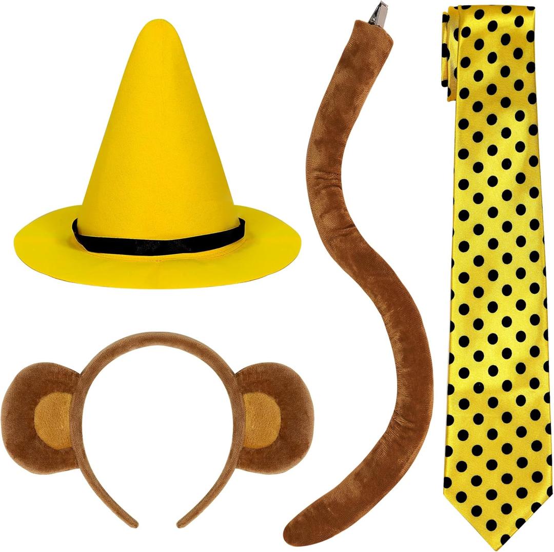 Parma77 4 Pcs Monkey Ears Headband and Tail Set, Monkey Costume Yellow Costume for Adult, Yellow Hat Black Polka Dots Tie for Cosplay Party Accessories