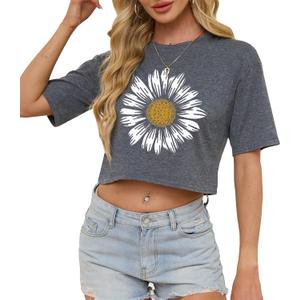 Womens Crop Tops Cute USA Graphic Tees Casual Rock Band Cropped T-Shirts Summer Beach Clothes Teen Girls (Gray2, M)