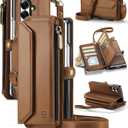 Wallet Case Compatible with Samsung Galaxy Z Fold 7 with RFID Blocking Card Holder Slot Soft PU Leather Shoulder Strap Zipper Pocket Purse Galaxy Z Fold7 Phone Case, Brown