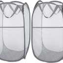 Larpur 2 Pcs Popup Mesh Laundry Baskets, Collapsible and Portable Clothes Washing Laundry Hampers with Reinforced Carry Handles, Gray Clothes Hamper for Home, Travel, College Dorm