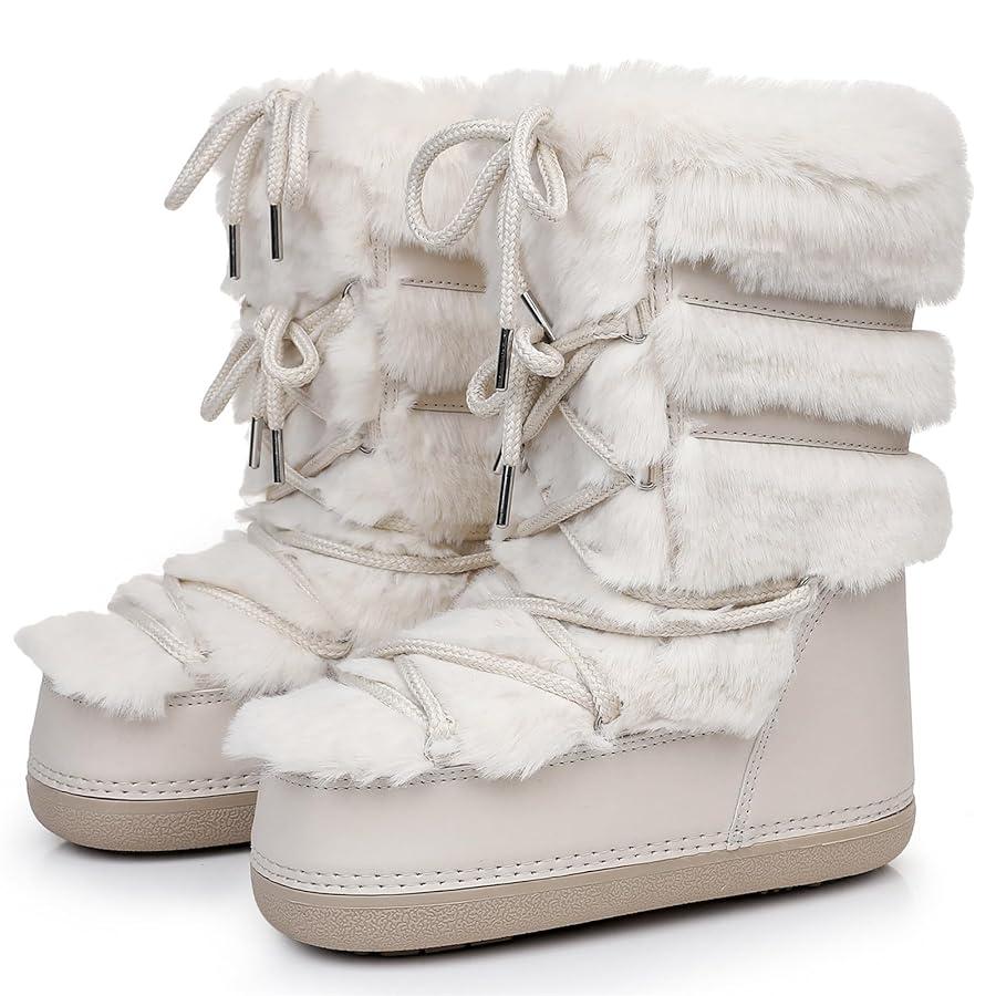 Furry Faux Fur Boots for Women - Fuzzy Boots for Women Winter Snow Boots - Fluffy Black White Pink Fur Boots- Lace-up Mid-Calf Water-Resistant Platform Boots 37/38