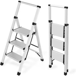3 Step Ladder Aluminum Lightweight Folding Step Stool, 600lbs Max Load Heavy Duty Step Stool with Safety Handrail, Slim Foldable Kitchen Stool with Anti-Slip Pedal for Home Sliver3 Steps