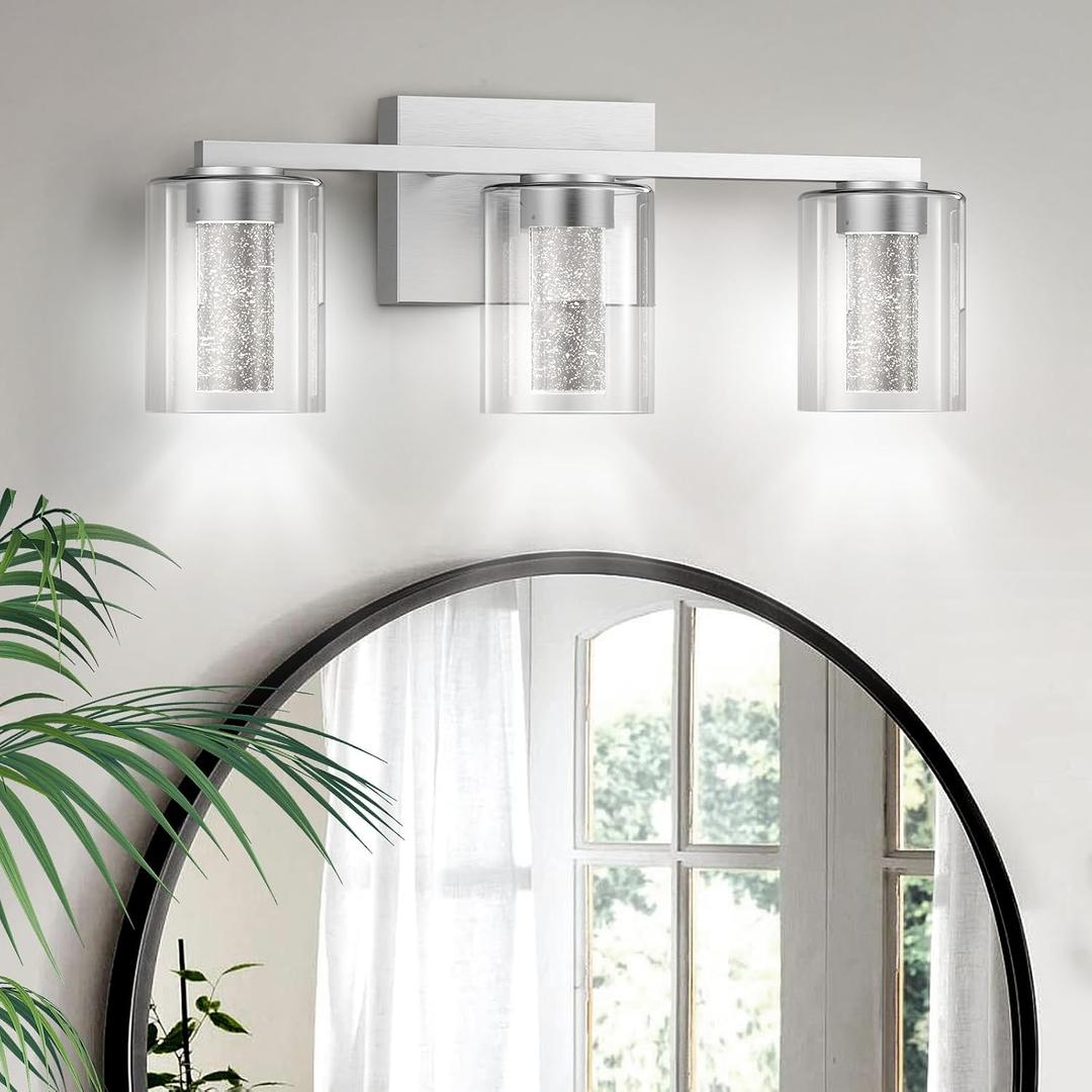 LED Modern Bathroom Light Fixtures Over Mirror, 3-Light Brushed Nickel Vanity Lights with 5 Color Modes, Dimmable Bathroom Vanity Light with Crystal Bubble Glass, 2700K-6500K Adjustable, ETL