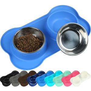 VIVAGLORY Dog Bowls, Dog Food Bowls, Stainless Steel Cat Puppy Water Bowls with Non Spill Skid Resistant Silicone Mat, Medium, Blue (12 oz ea.)