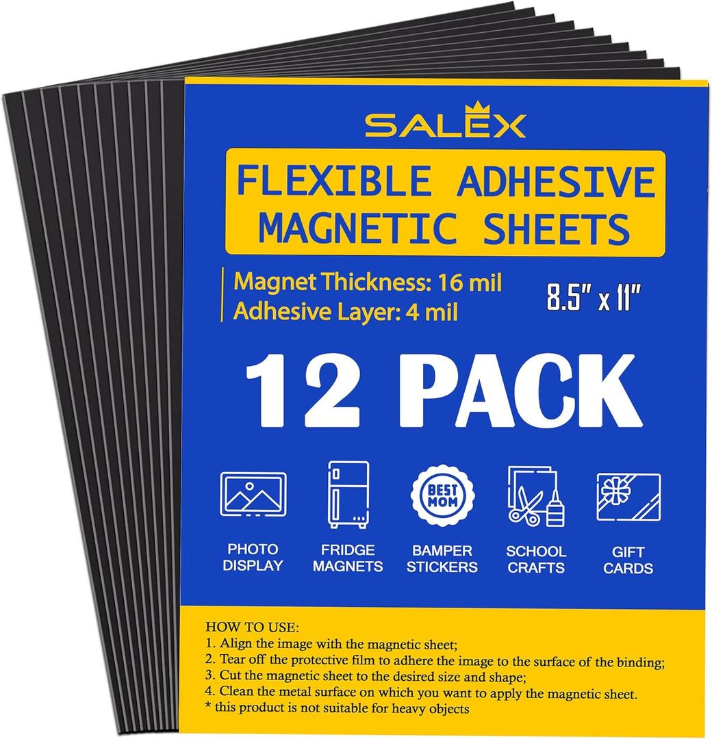 Magnetic Sheets with Adhesive Backing for Crafts, DIY. 12 Strong Craft Magnets 8.5" x 11" to Make Flexible Magnet Self Sticky Tapes, Strips, Squares, Sheet for School Classroom Board, Fridge, Photos
