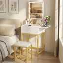 Small Makeup Vanity Desk with Lights - White Girls Vanity Set with Mirror and Chair, Make Up Dresser Table with Drawers and Power Outlet for Bedroom Small Space, Gold