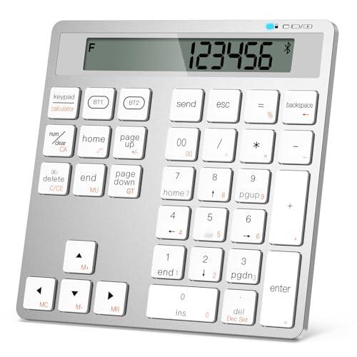 Rechargeable Wireless Number Pad for Laptop, 34 Keys Numeric Keypad with Dual Bluetooth & Display, 2-in-1 Numpad and Calculator, Slim Portable Number Pad Keyboard for Windows, Mac, PC, Tablet