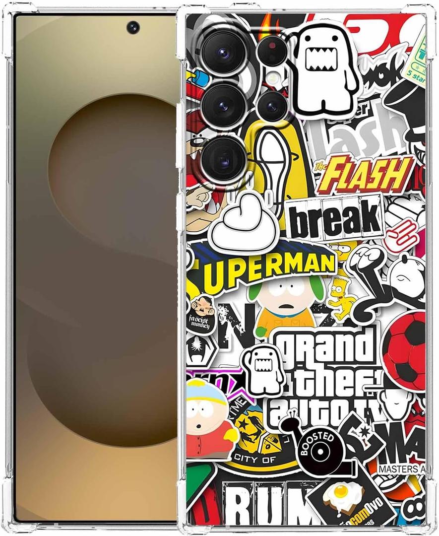Case for Samsung Galaxy S25 Ultra with Pop Culture Design,Aesthetic Cartoon Sticker Bomb Art Collage,Clear Slim Soft TPU Bumper Phone Cover,6.9(Pop,s25u)