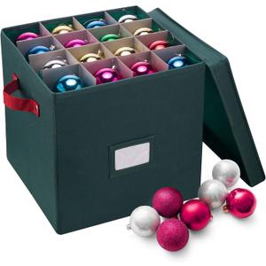 Storage Ornament Box - Holiday Organizer Cube with 64 Individual Compartments and Adjustable Dividers - For Christmas Decorations by Elf Stor (Green)