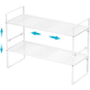 2 Pack Large Expandable Cabinet Storage Shelf, Heavy Duty Stackable Steel Metal Spice Rack Adjustable Height Home Office Pantry Garage Shelves for Counter Kitchen Organization, White, 10.2" Width - 2 Pack
