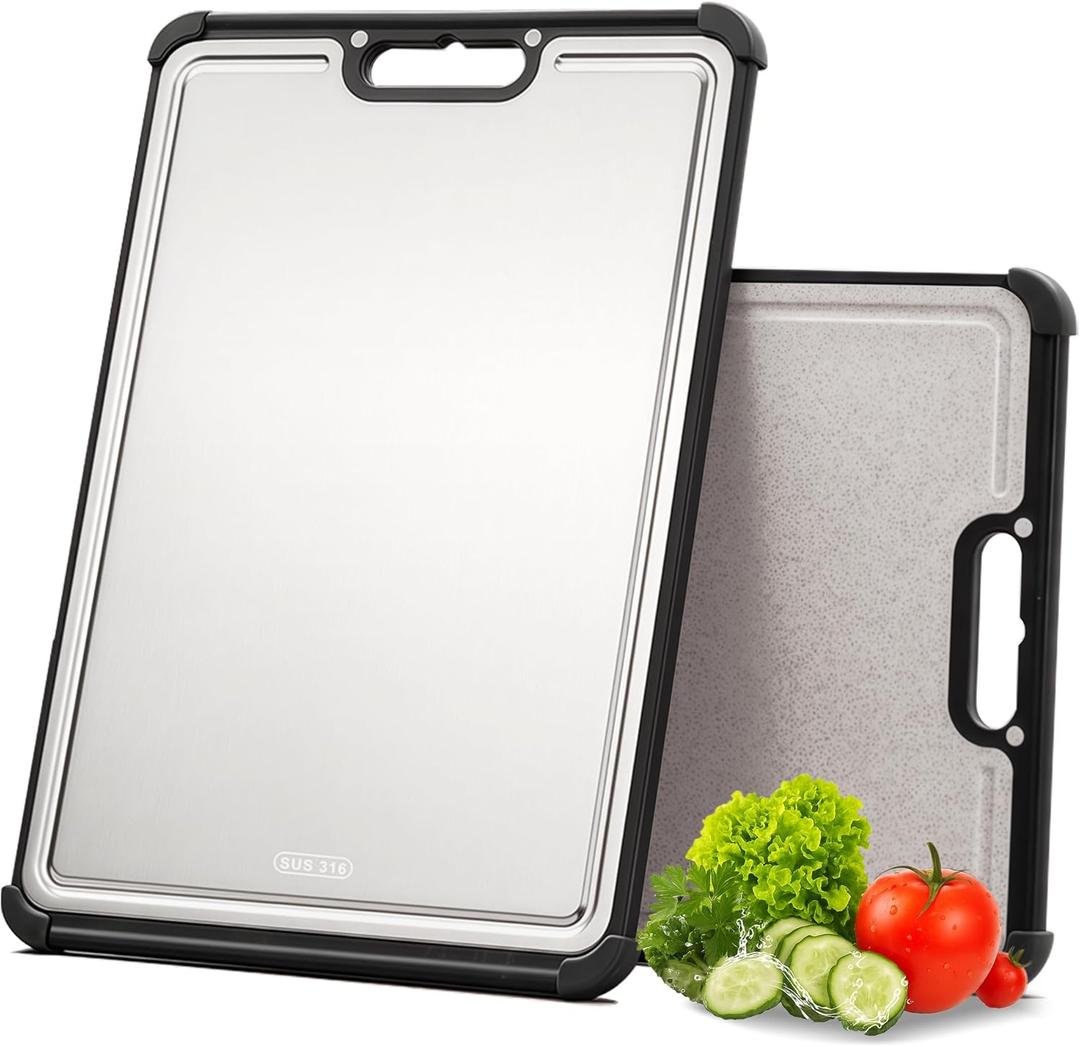 Premium 316 Stainless Steel Cutting Board for Kitchen Extra Large 16.9" x 11.8" Best Non-Toxic Chopping Board for Meat Food-Grade Metal & Eco-Friendly Wheat Straw Dual-Sided Healthy Kitchen Essential (Black)