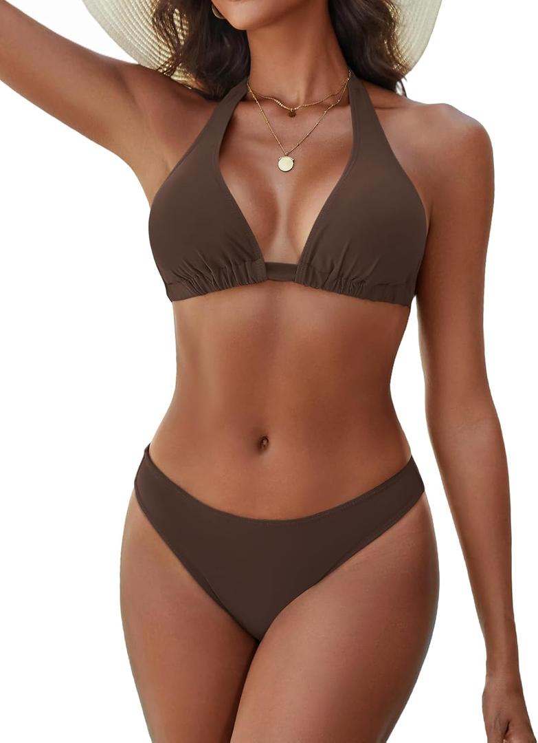 Women's Bikini Sets Halter Triangle Swimsuit 2 Piece Bathing Suit (Medium, Coffee)