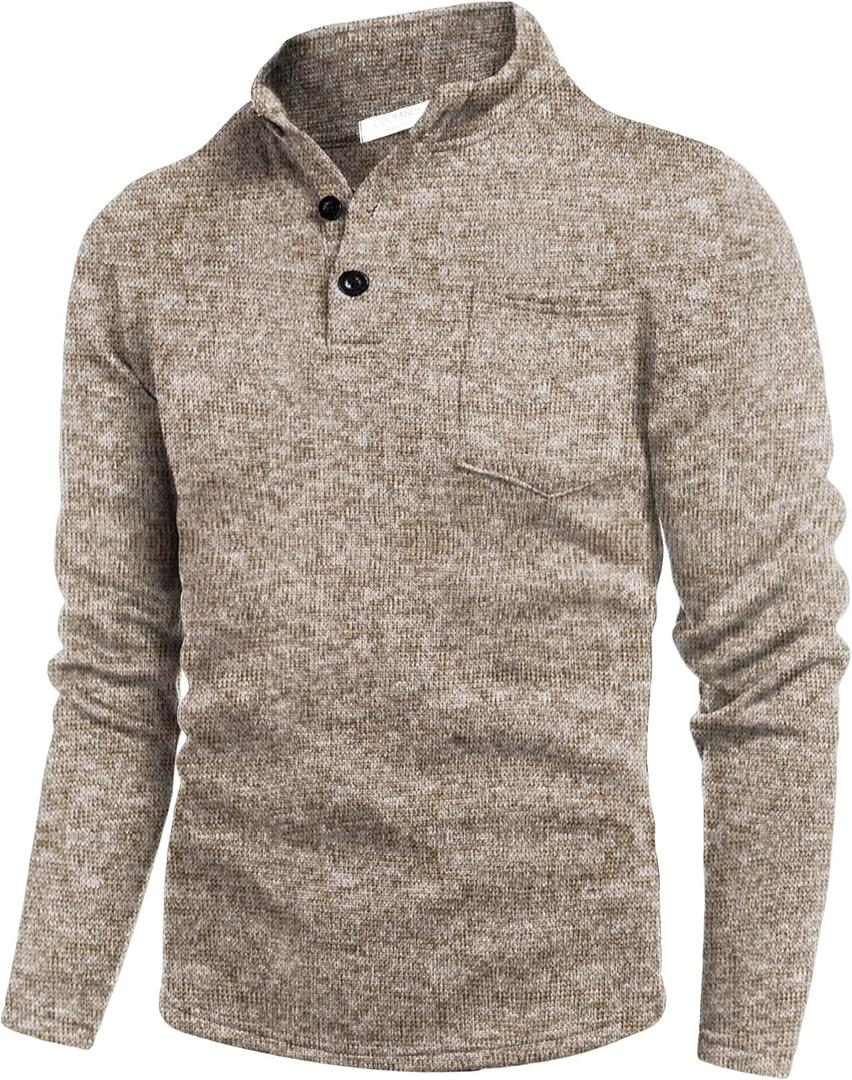 COOFANDY Men's Quarter Button Henley Sweater Casual Knitted Sweatshirt Mock Neck Thermal Fleece Pullover Sweater with Pocket (Light Khaki)