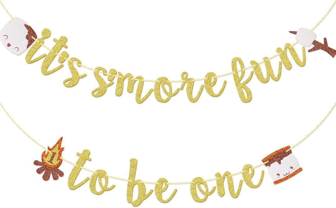 It's S'more Fun to Be One - Camping Themed 1st Birthday Banner, S'mores Banner for Baby Boy and Girl, One Happy Camper, Outdoor Camping Decorations (Gold Glitter)