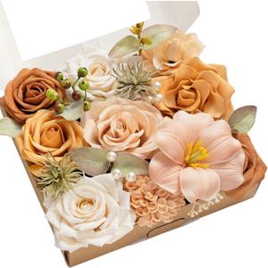 Ling's Moment Fake Flowers Box, Artificial Faux Greenery Stems Silk Roses Foam Tulips for Wedding Bouquets Centerpieces Table Decorations Backyard Floral Arrangement, Apricot & Peach, Mini Combo