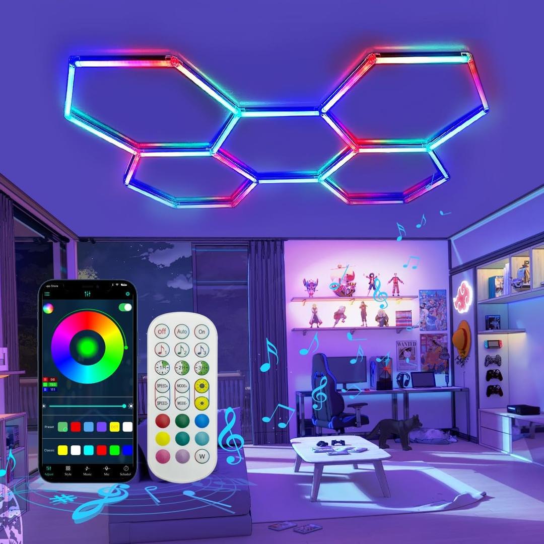 RGB Hexagon Lights, 24 Pack Aluminum LED Garage Ceiling Light with App & Remote Control, 356 Colors Mode/Music Sync, Modular DIY Lighting for Gaming Room, Bedroom, Garage, Streaming Setup