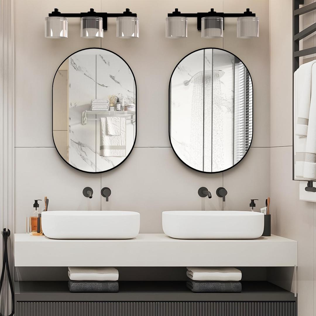 2 Piece Oval Bathroom Mirror Capsule Wall Vanity Mirror, 20"x30" Pill Mirrors Wall Mounted Mirror, Large Modern Mirror with Black Metal Frame, Decor for Entryway, Bedroom, Living Room (20"x30" (2 pcs))