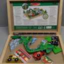 Melissa & Doug 17-Piece Wooden Take-Along Tabletop Railroad, 3 Trains, Truck, Play Pieces, Bridge - FSC Certified