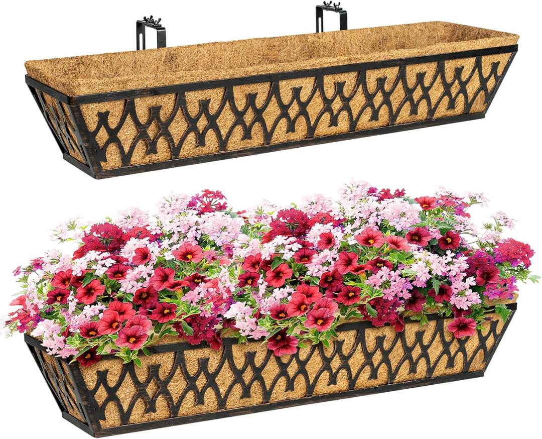 Window Boxes Planters: 2 Pack 30 Inch Railing Planter Box with Adjustable Brackets for Porch Fence Patio Balcony Hanging Flower Baskets with Coco Liners for Outdoor Garden Decor - Bronze