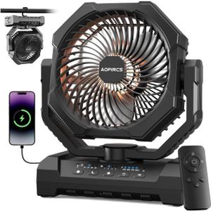 Camping Fan Rechargeable, 60H Long-Lasting Battery Powered Fan - 4 Speeds, 3 Light, Timer, Sleep Mode, Hook, Portable Fans for Camping Gear, Travel Essentials, Tent, RV, Outdoor, Garage, Emergency