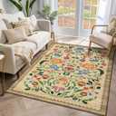 GarveeHome Washable Rug 3x5 Area Rugs for Living Room, Floral Rug for Bedroom, Soft Boho Non Slip Throw Rugs with Rubber Back, Low Pile Stain Resistant Vintage Floral Carpet for Dining Room, Beige