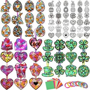 Newtay 72 Pcs Valentines Day Suncatchers Paper Crafts DIY Heart Shaped Window Stained Glass Effect Paper Kits St. Patricks Day Easter Crafts for Home Decor Valentine Art Supplies